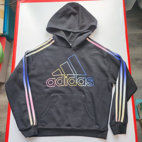 Adidas pull over hoodie black with graphic design girl's size XL / 16 loose fit - Picture 1 of 6